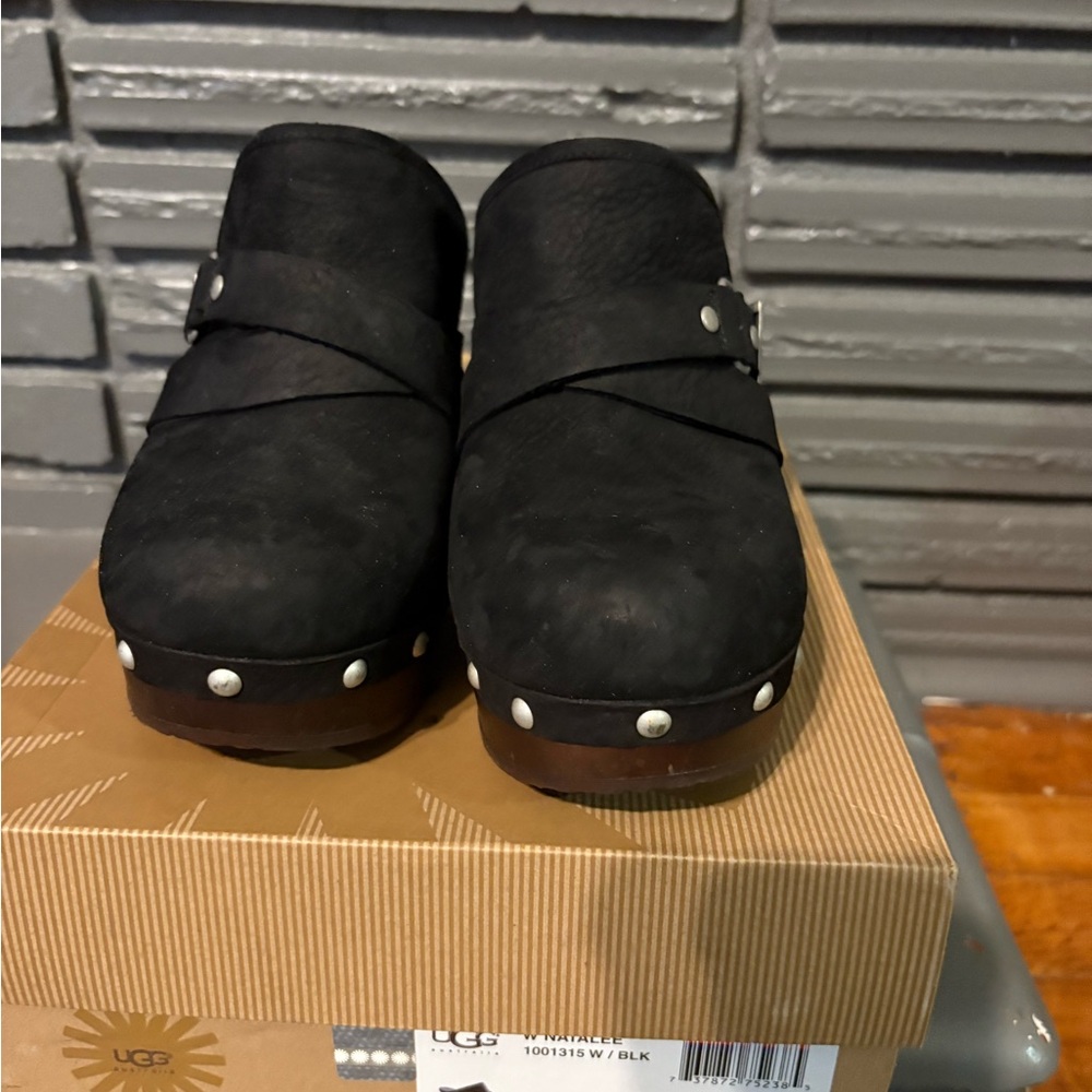 UGG Black Suede Clogs with Silver Studs